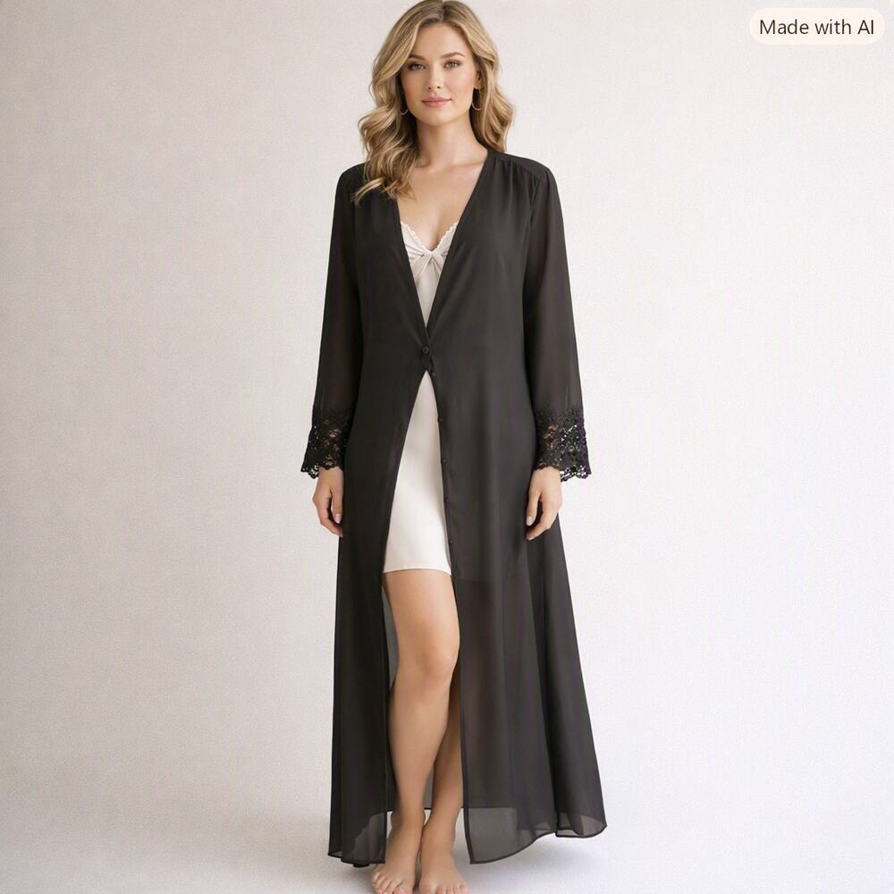 Victoria's Secret Gold Label Vintage Black Sheer Duster Robe Size Small